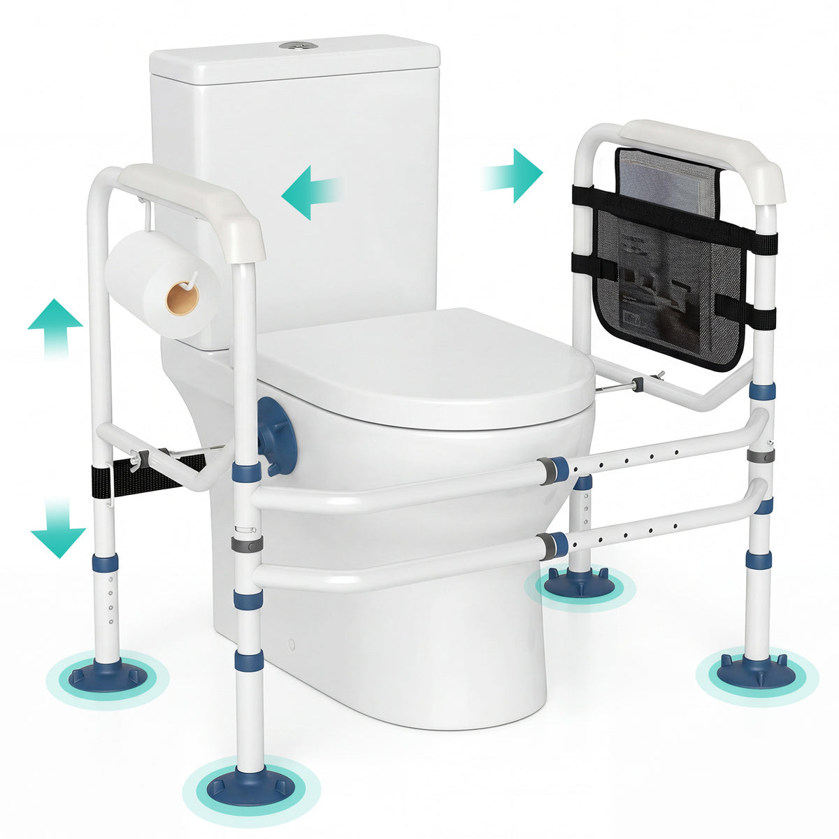 Adjustable Height and Width Toilet Safety Rails with Non-Slip Grip and Suction Legs-White