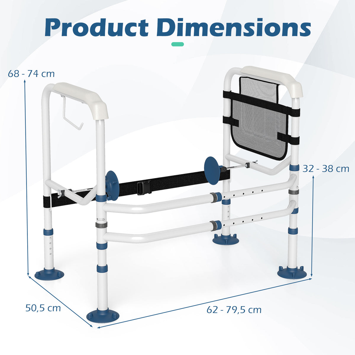 Adjustable Height and Width Toilet Safety Rails with Non-Slip Grip and Suction Legs-White