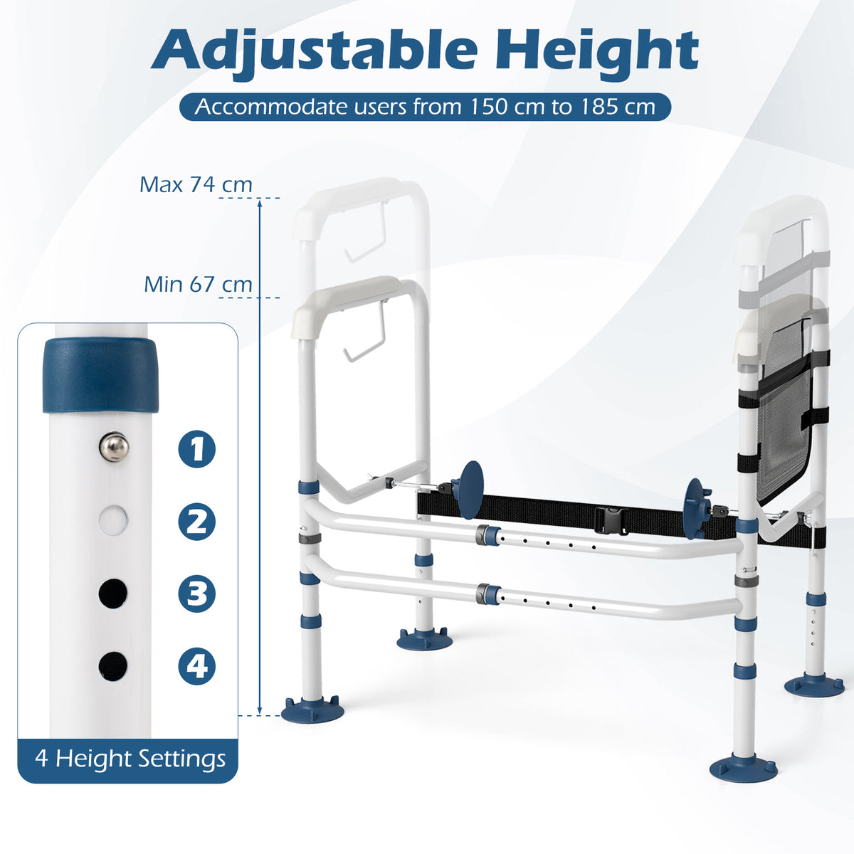Adjustable Height and Width Toilet Safety Rails with Non-Slip Grip and Suction Legs-White