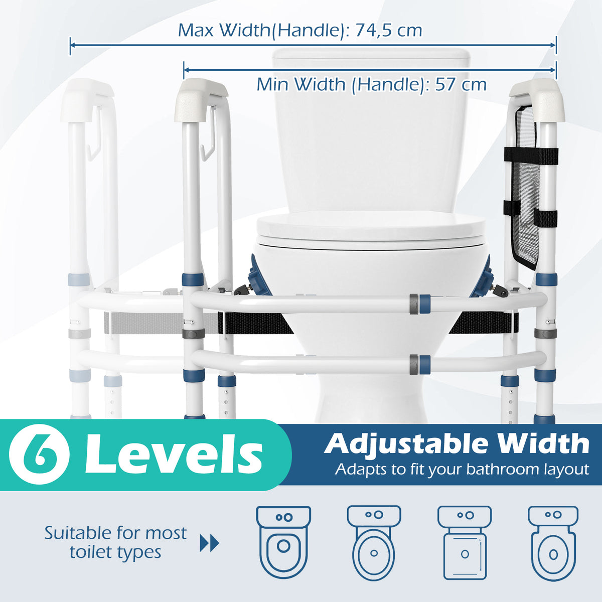 Adjustable Height and Width Toilet Safety Rails with Non-Slip Grip and Suction Legs-White