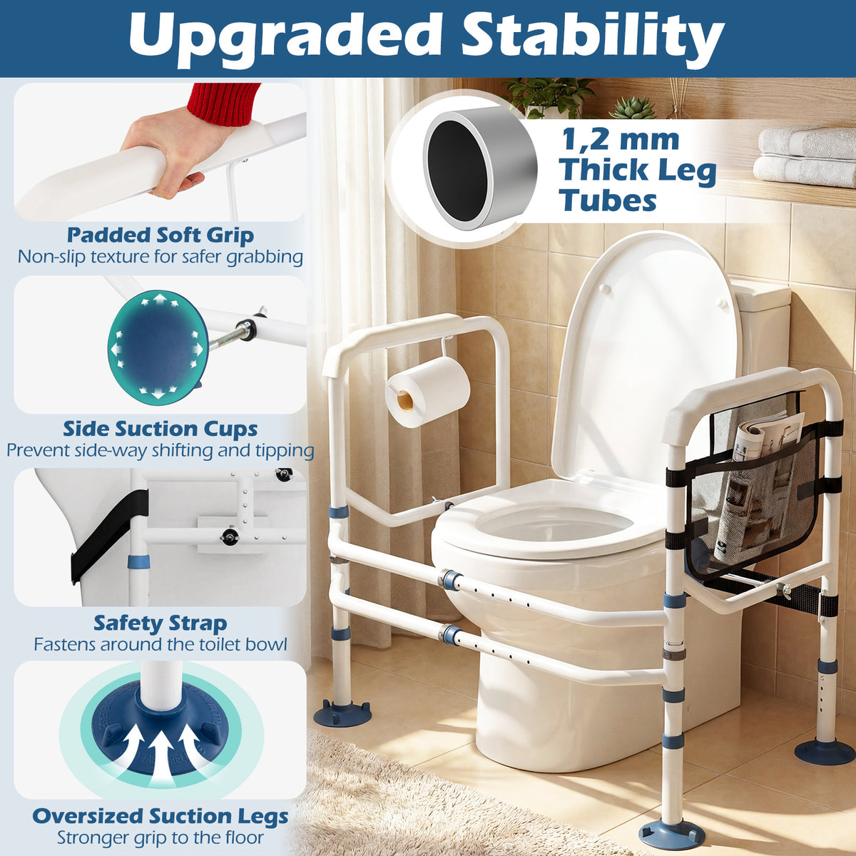 Adjustable Height and Width Toilet Safety Rails with Non-Slip Grip and Suction Legs-White