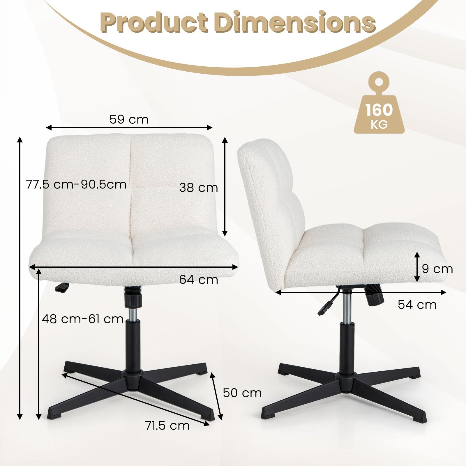 Adjustable Armless Office Chair with Imitation Lamb Fleece-Cream White