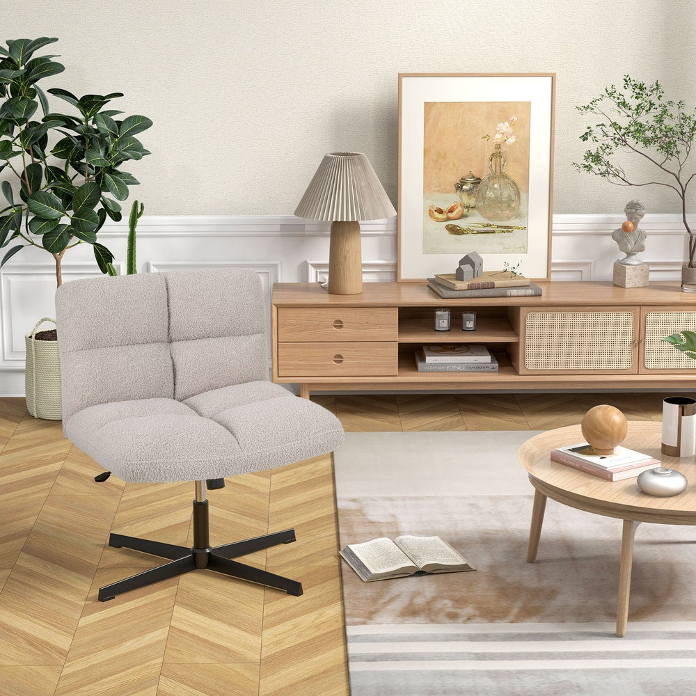 The office chair positioned in a living room setting with wooden furniture