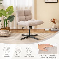 The office chair with icons highlighting the soft fabric and comfort features