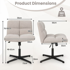 The office chair with technical diagrams showing height and width dimensions
