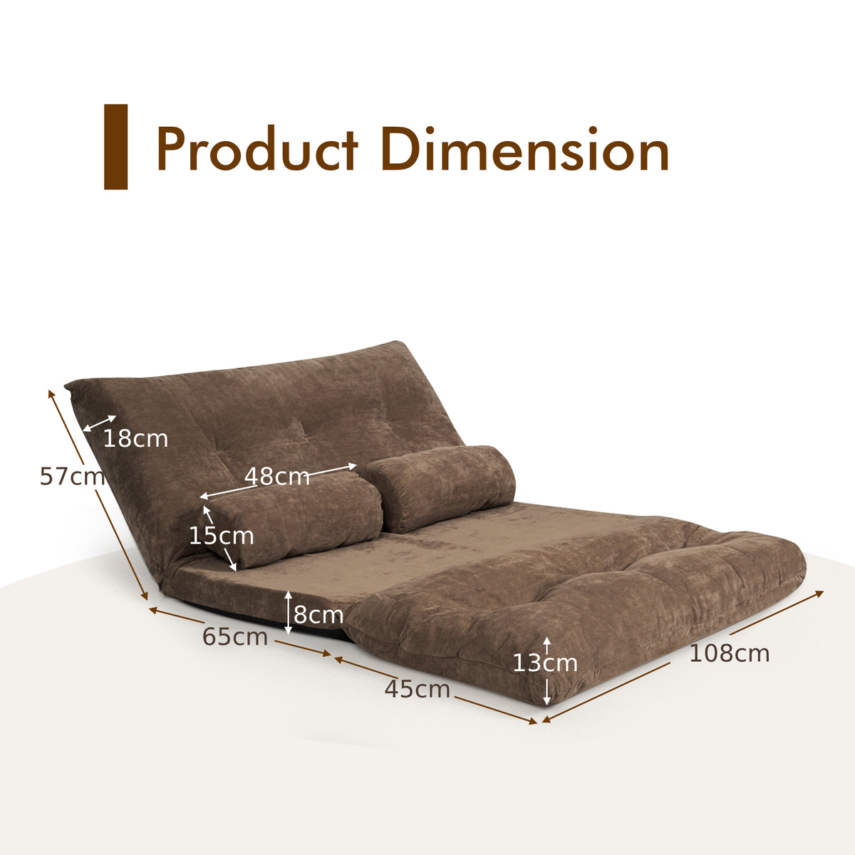 Convertible Floor Sofa Bed with 2 Waist Pillows-Coffee