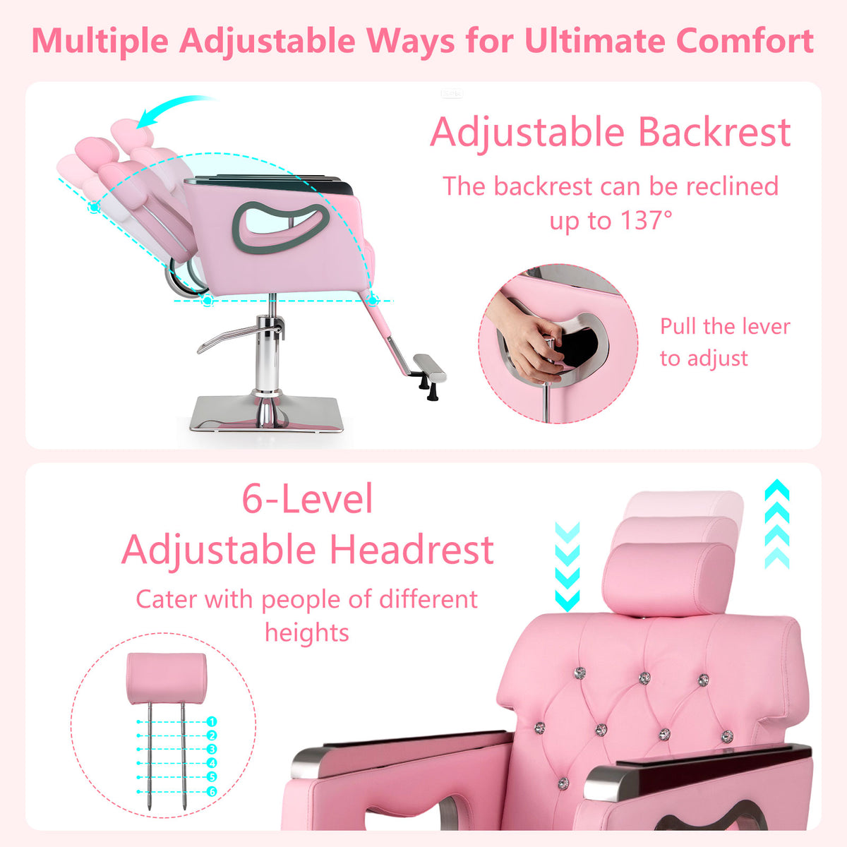 Adjustable Swivel Barber Chair with Padded Backrest-Pink