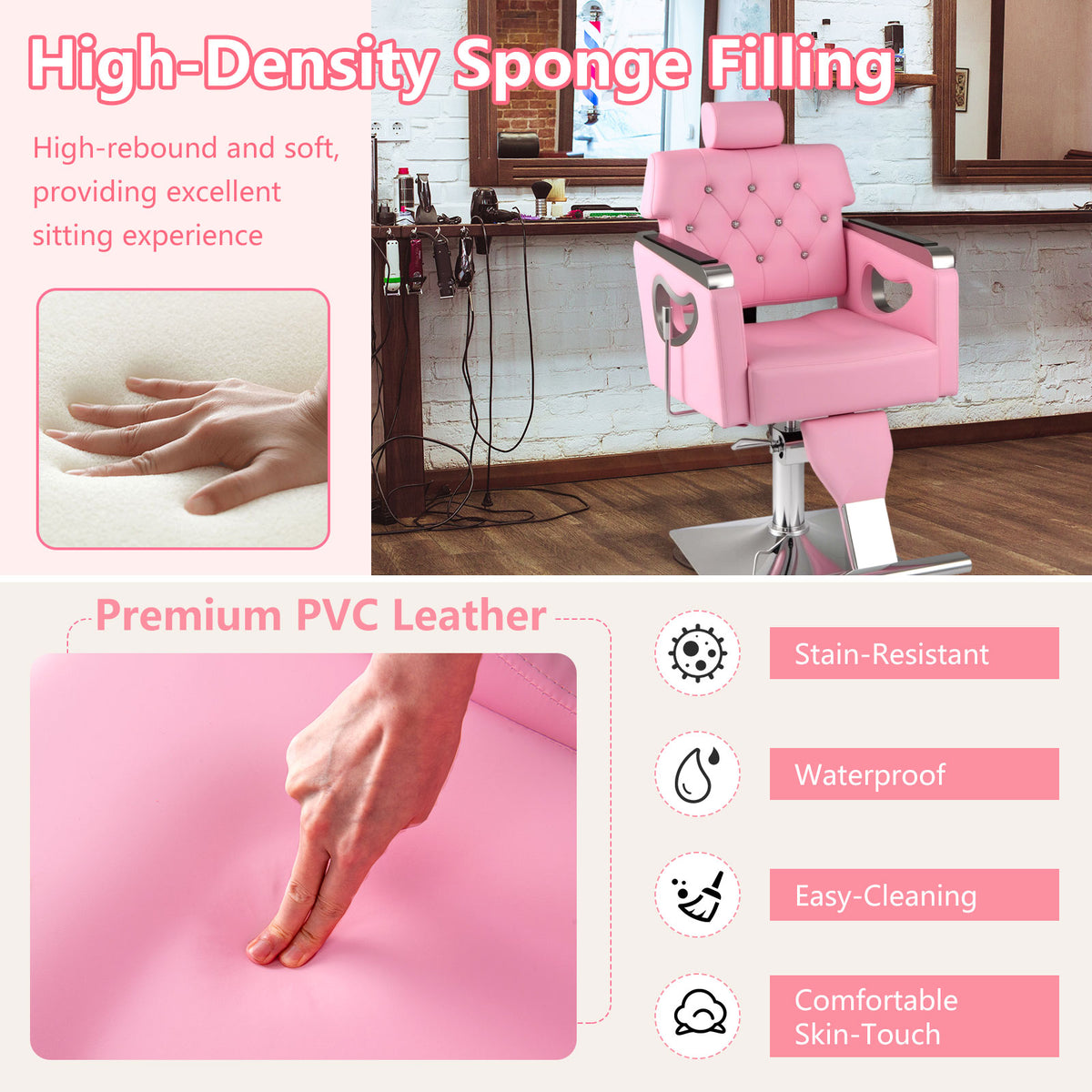 Adjustable Swivel Barber Chair with Padded Backrest-Pink
