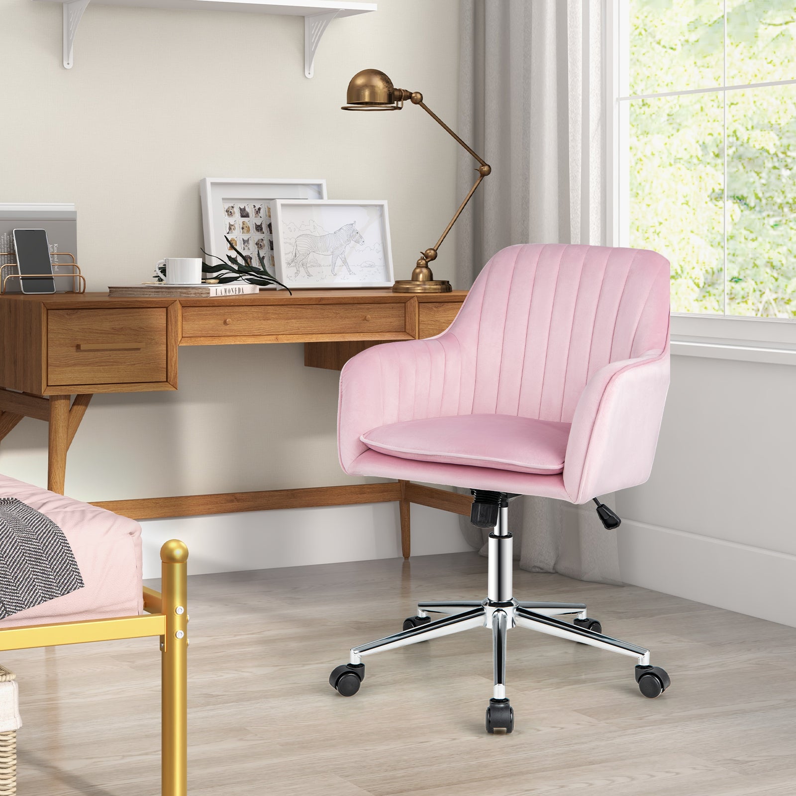 Adjustable Velvet Leisure Chair with 4 Universal Wheels for Daily-Pink