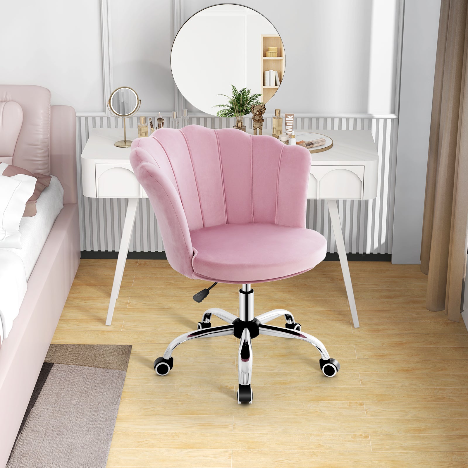 Adjustable Velvet Office Chair with Handle and Universal Wheels-Pink