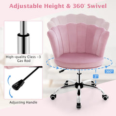 Adjustable Velvet Office Chair with Handle and Universal Wheels in Pink