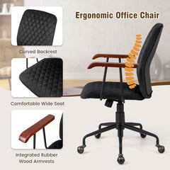 The office chair showing close-up details of the backrest, seat cushion and wooden armrests