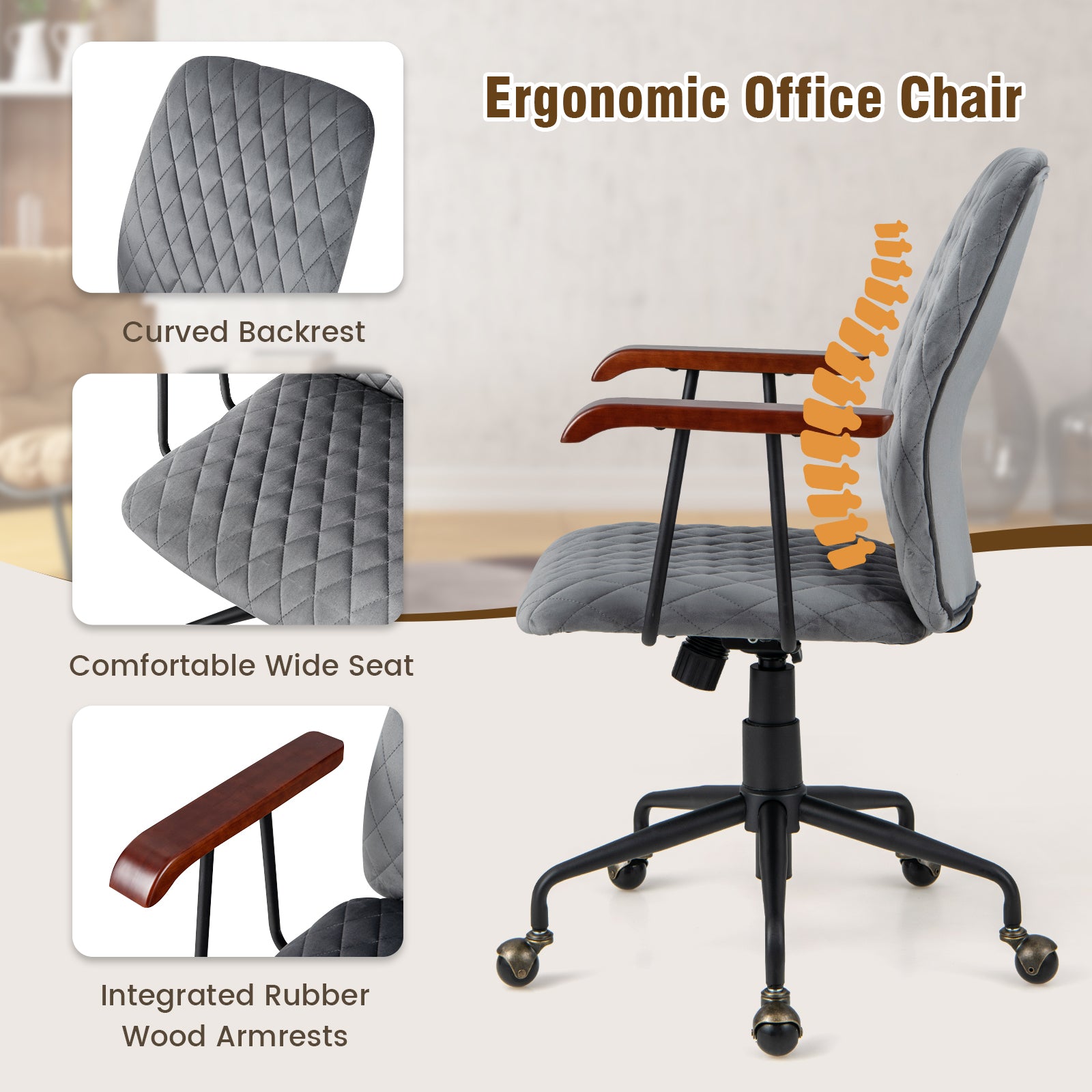 Adjustable Velvet Rocking Leisure Chair with Padded Seat-Grey