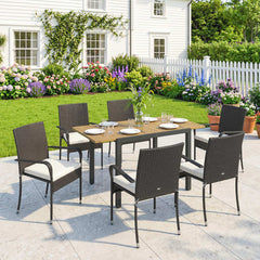 Outsunny 7 Piece Rattan Garden Furniture Set, 6 Seater Garden Table and 6 Stackable Chairs with Extendable Acacia Wood Tabletop