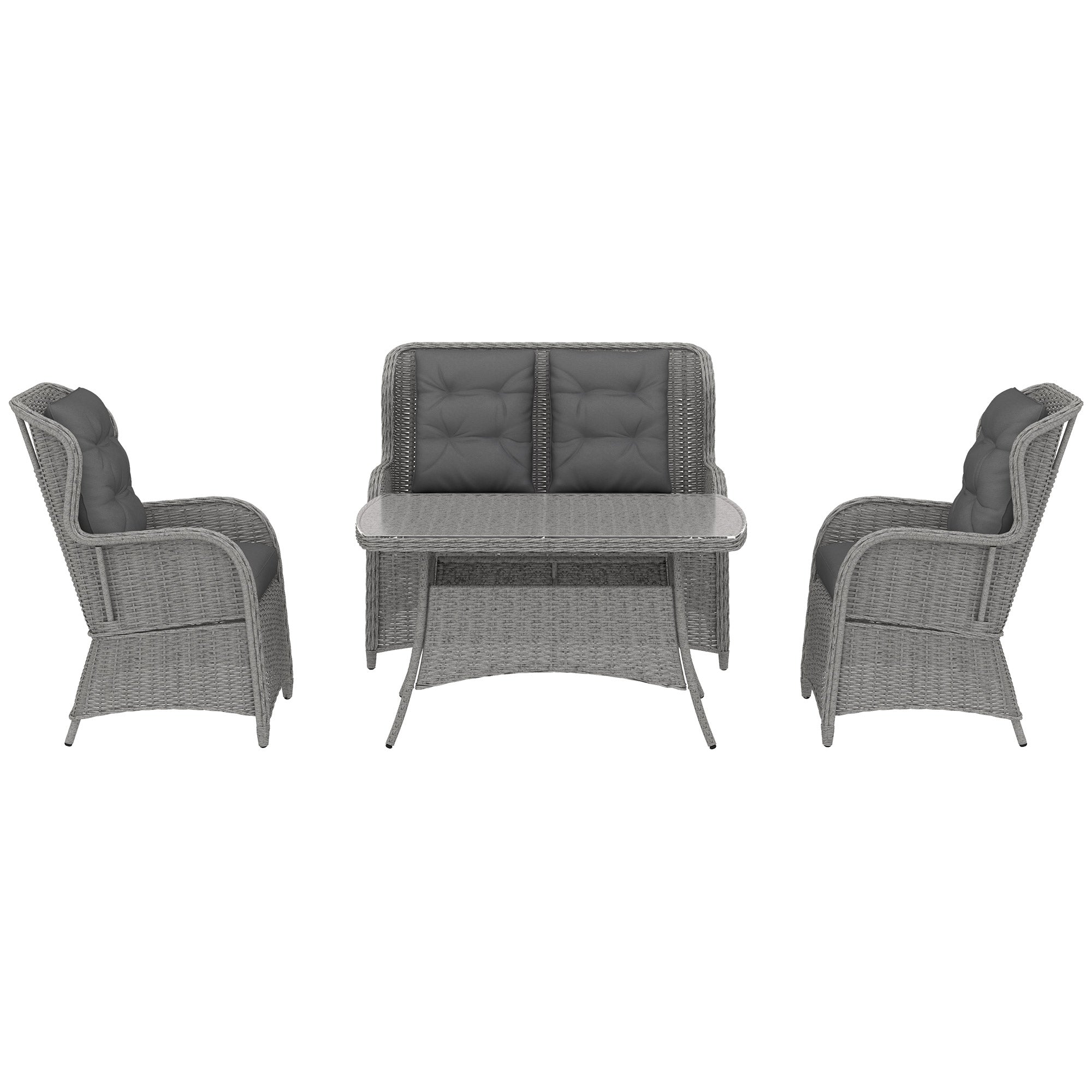 Outsunny Garden PE Rattan Dining Sofa Set, Outdoor 4 Seater Wicker Furniture, High Back Chairs with Cushions, Tempered Glass Coffee Table for Patio, Light Grey