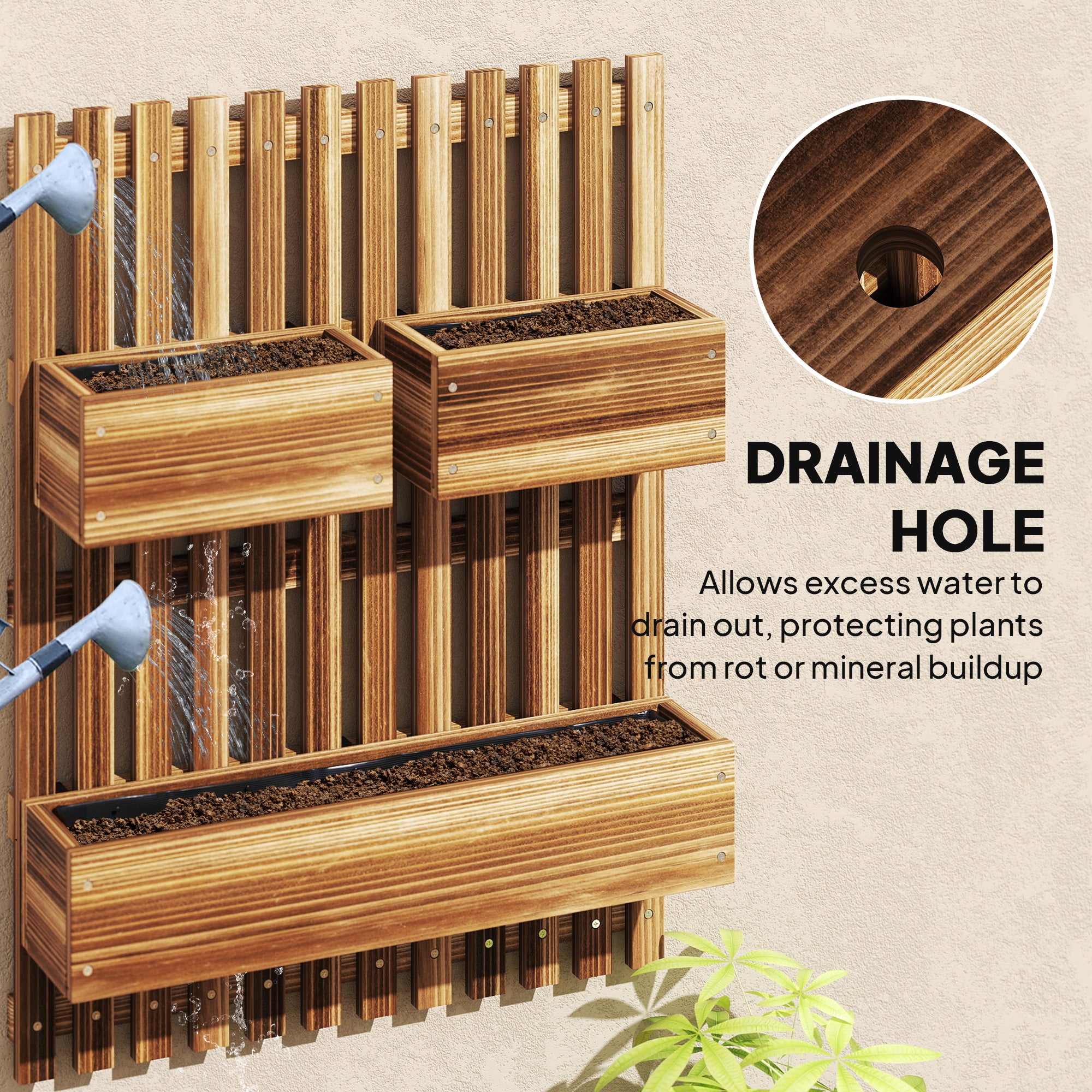 Outsunny Wall-mounted Wooden Garden Planters with Trellis, Drainage Holes and 3 Planter Boxes for Patio, Carbonised