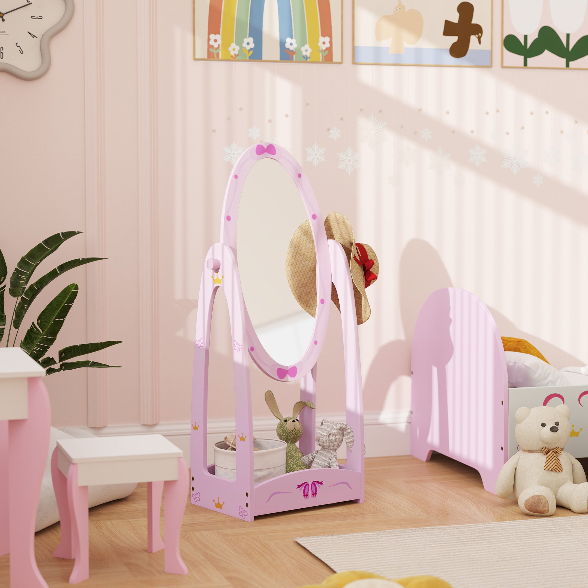 AIYAPLAY Kids Clothes Rail, Kids Dressing Mirror with 360√Ç¬∞ Rotating, 2 Piece Kids Furniture Set with Storage Shelves, Pink