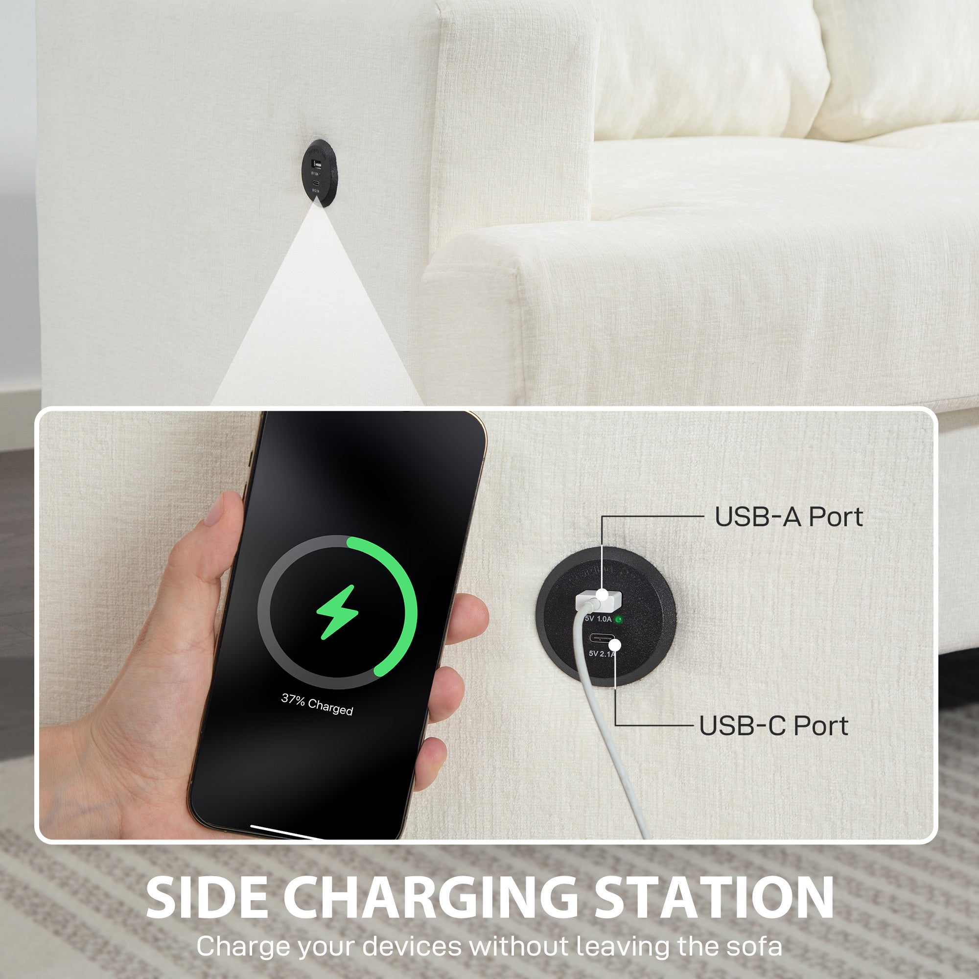 HOMCOM 3 Seater Sofa with USB Ports & Cup Holders - Cream White