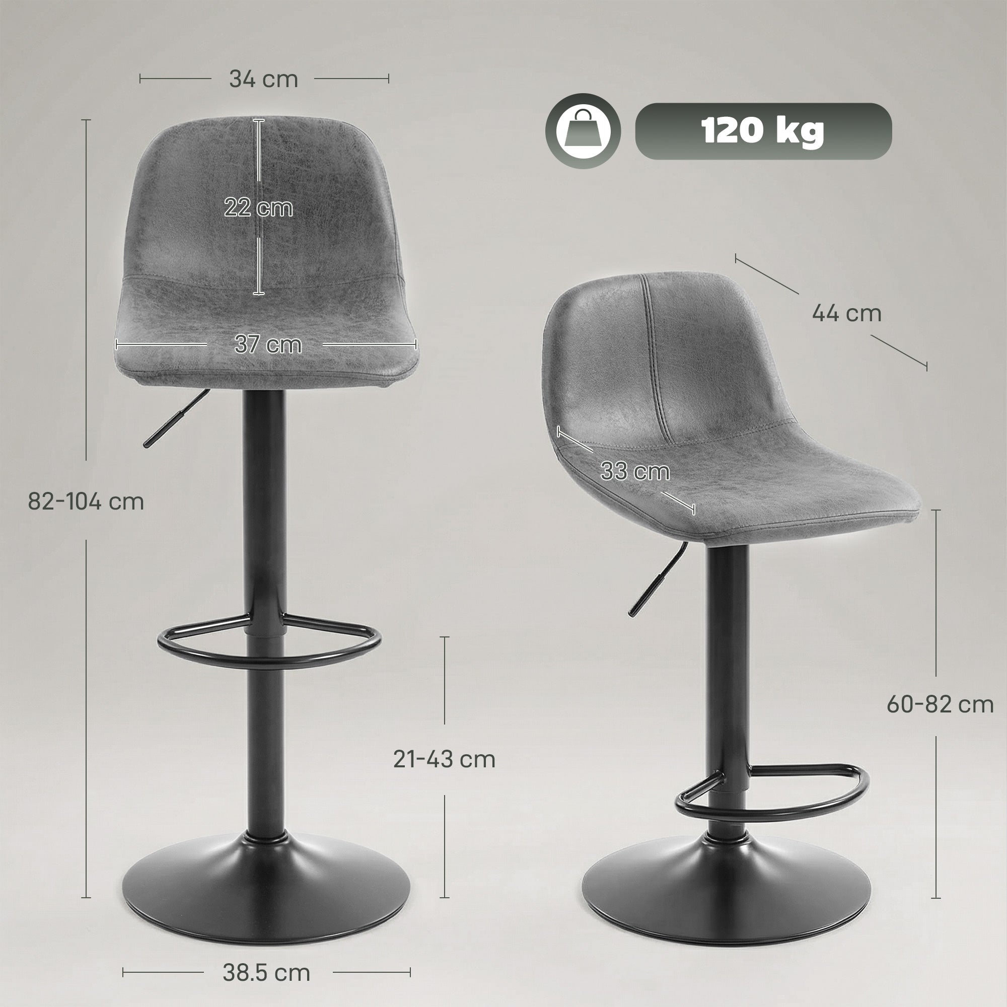 HOMCOM Bar Stools Set of 2, Modern Swivel Barstools with Footrest for Kitchen Island and Dining Room, Grey