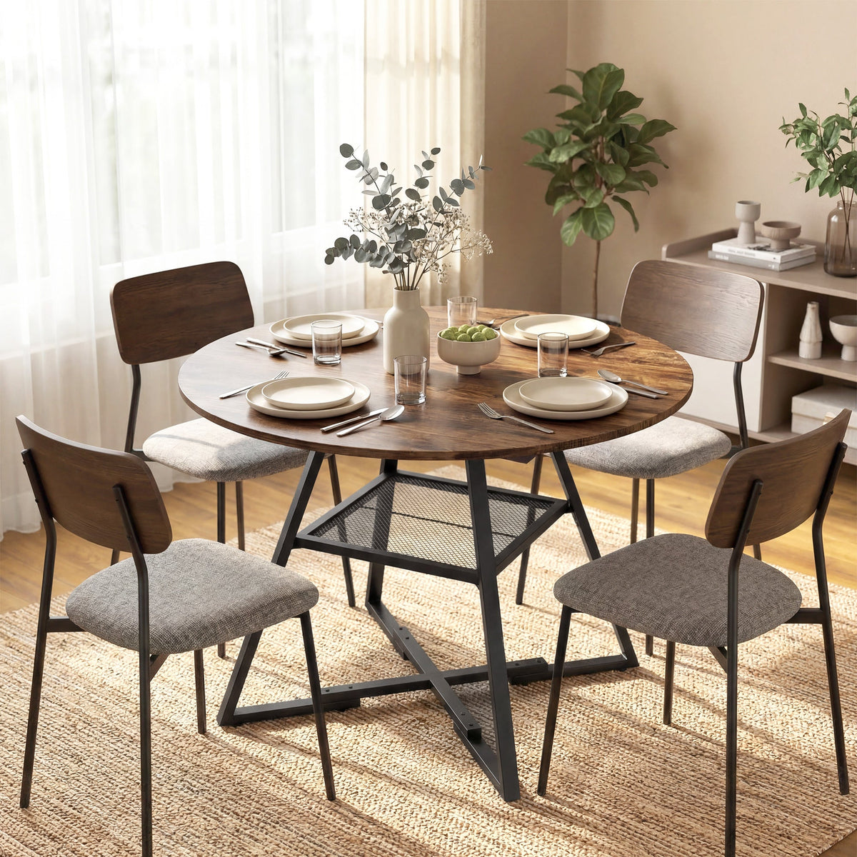 HOMCOM Dining Table for 4 People, 100 cm Round Industrial Kitchen Table with Storage Shelf, Rustic Brown