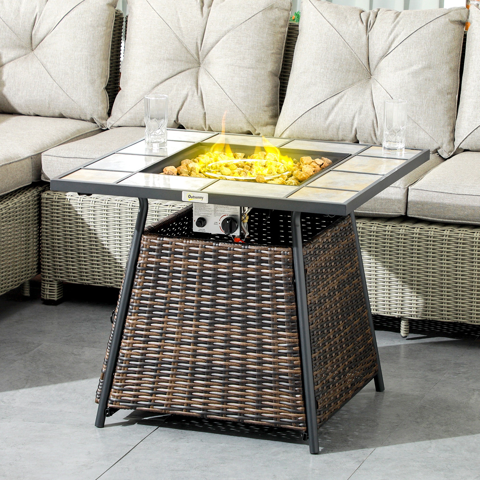 Outsunny Square Outdoor PE Rattan Fire Pit Table Gas Burner Heater w/ Control Panel, Slate Top, Lid and Lava Rocks, 50,000 BTU
