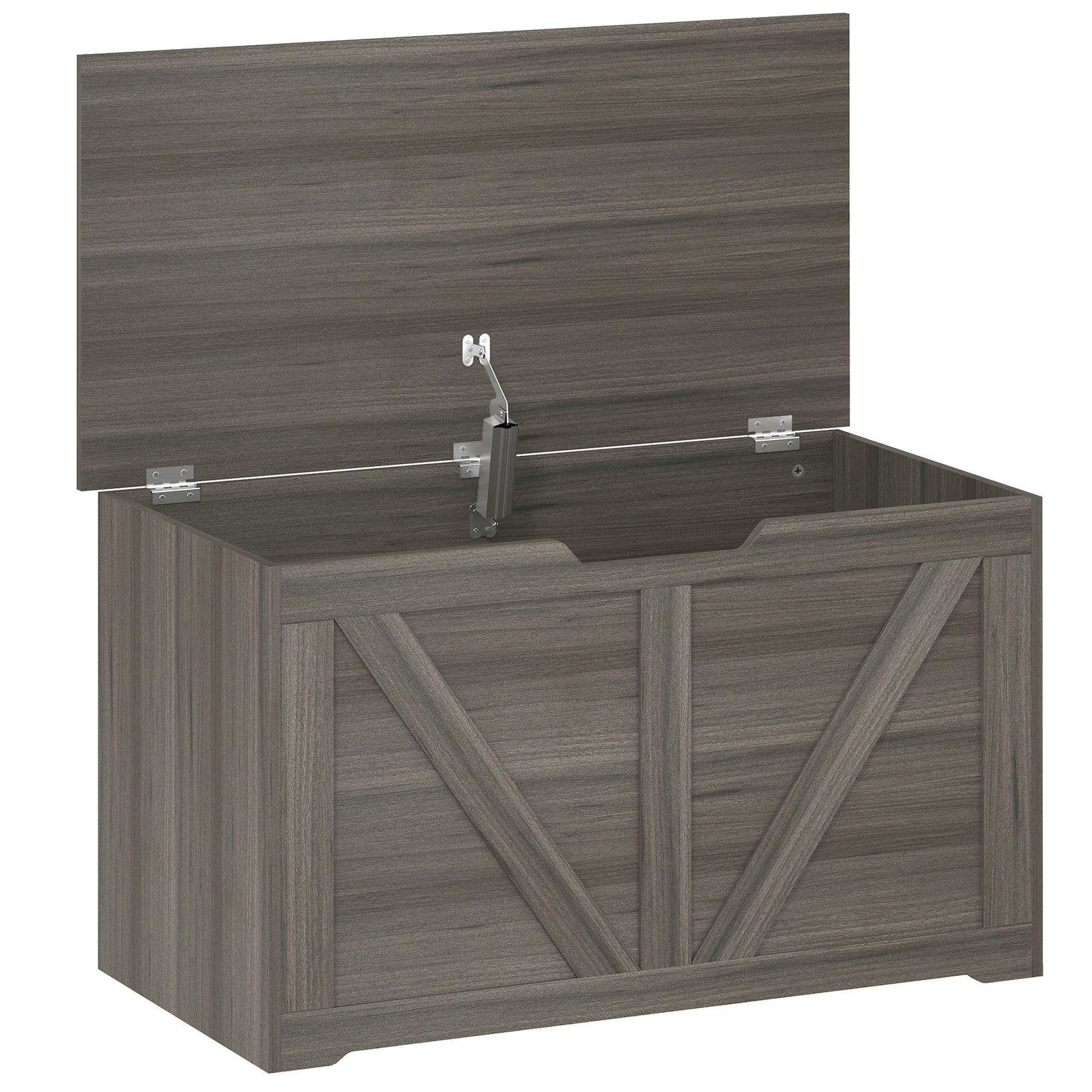 HOMCOM 100L Home Storage Box, with Safety Hinge - Dark Grey Wood-Effect