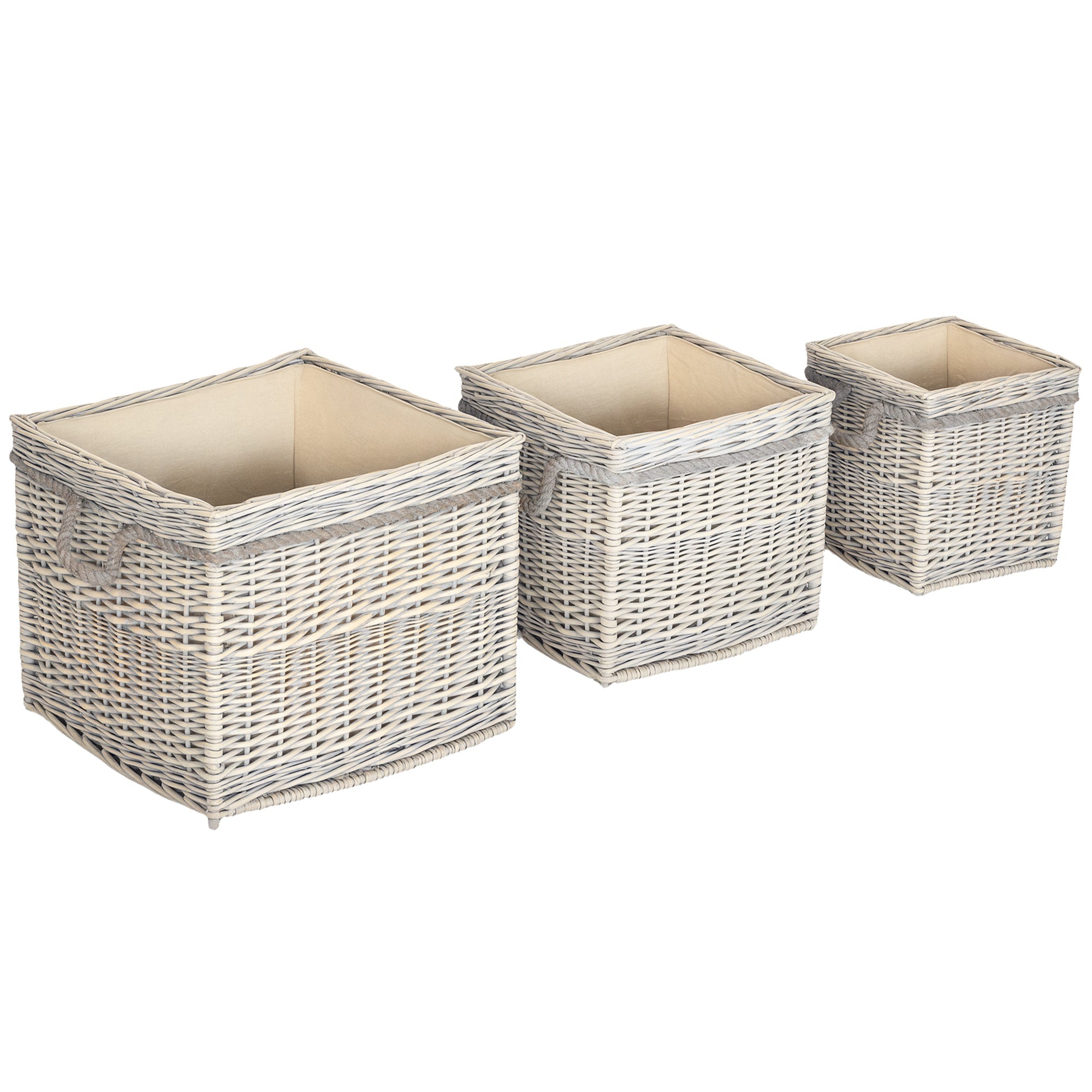 Outsunny Set of 3 Log Baskets for Wood Burner Indoor, Round Storage Basket with Lining and Rope Handles for Fireside Storage, Blankets, Beige