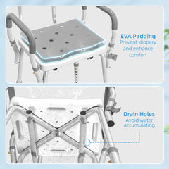 HOMCOM EVA Padded Shower Chair for the Elderly and Disabled, Height Adjustable Shower Stool with Back and Arms, 4 Suction Foot Pads, Light Grey
