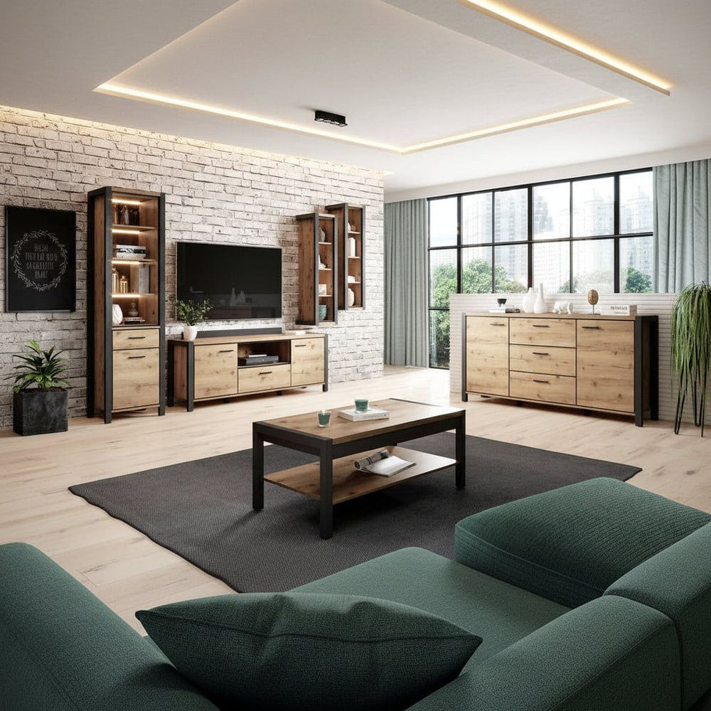 A modern living room furniture set featuring light oak wood and black metal pieces, including a coffee table, media console, sideboard, and tall bookshelves, arranged in a bright living room with a brick wall and large windows.