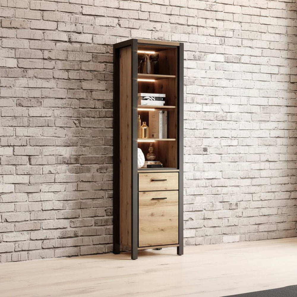 Tall wooden cabinet with glass panels against a brick wall