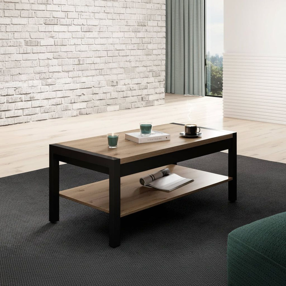 Coffee table with a wooden top and black frame in a living room setting.