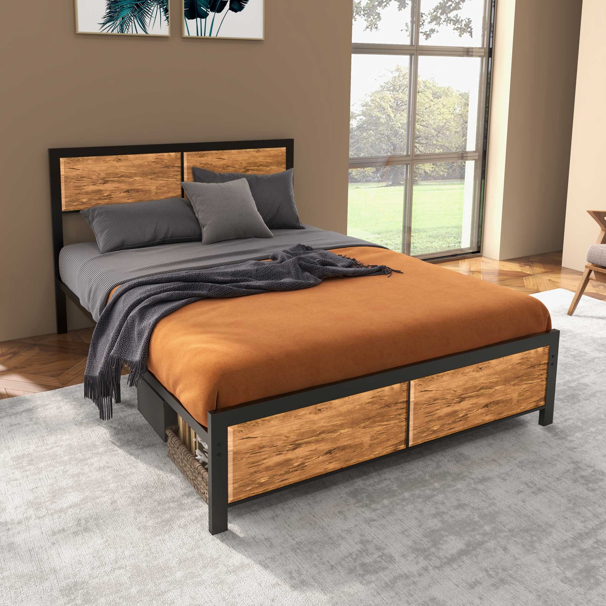 HOMCOM Industrial Double Bed Frame, 5FT Steel Bed Base with Headboard, Footboard, Slatted Support and Under Bed Storage, 142 x 195cm, Rustic Brown