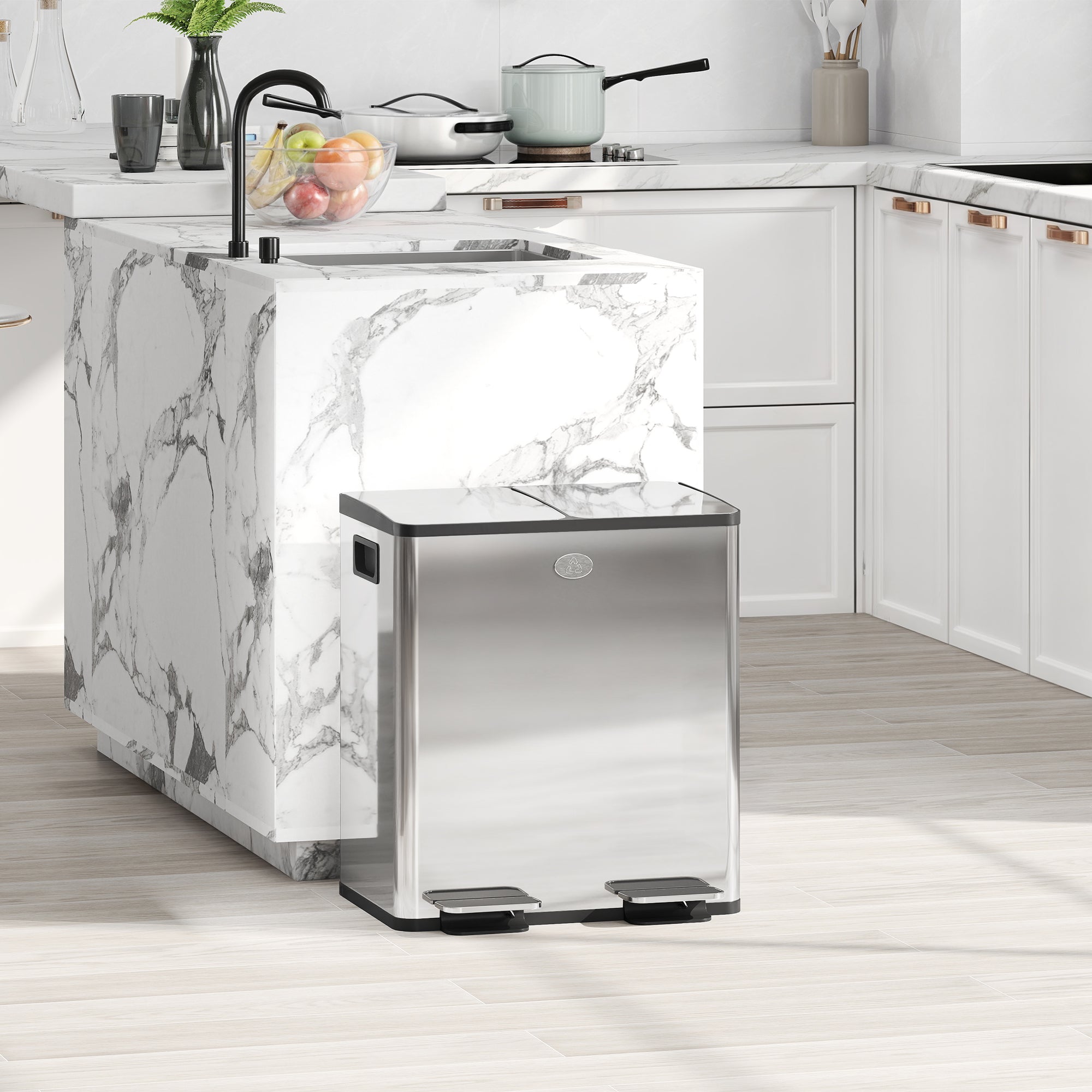 HOMCOM 40L Dual Compartment Stainless Steel Bin, with Deodoriser Holders - Silver Tone