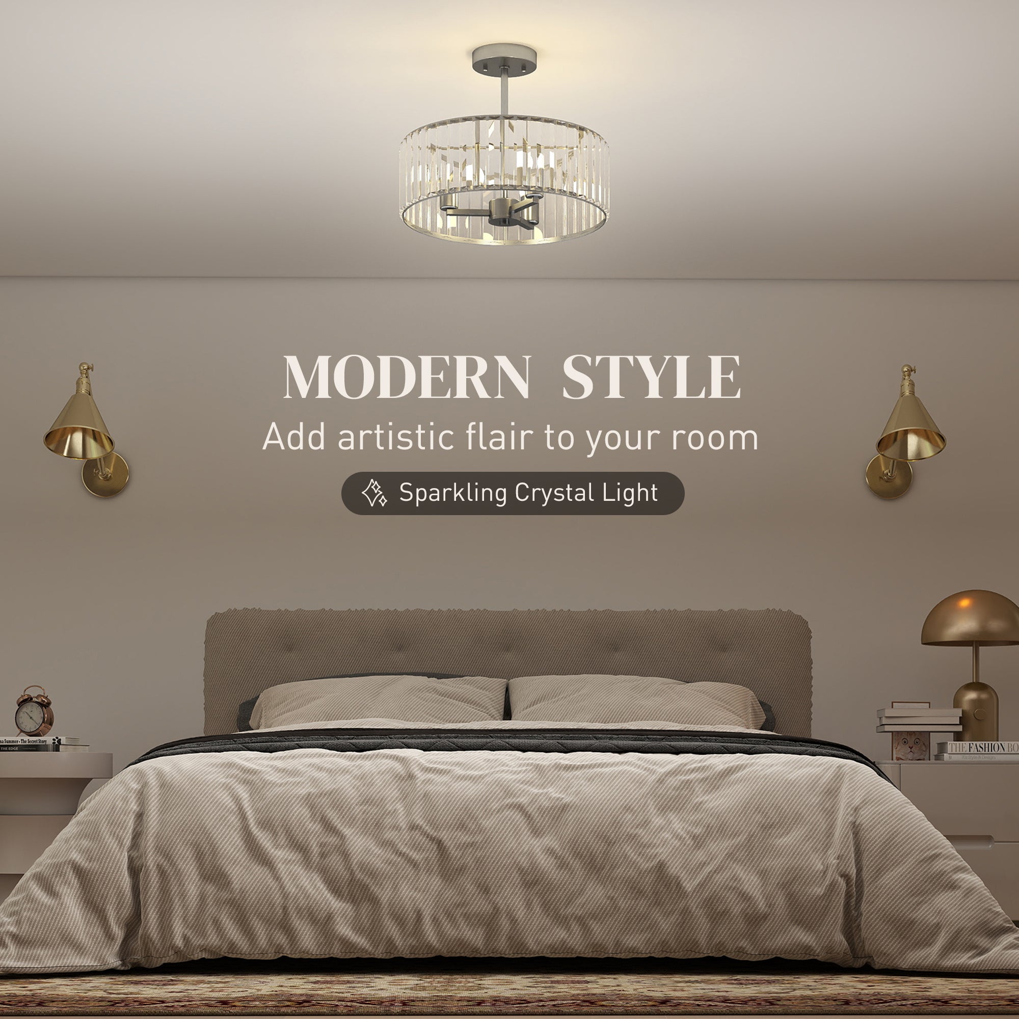 HOMCOM Crystal Ceiling Light Fixture Set of 2, Semi Flush Mount Modern Chandelier for Living Room, Bedroom and Hallway, 3-Lights with E14 Base, Silver Tone