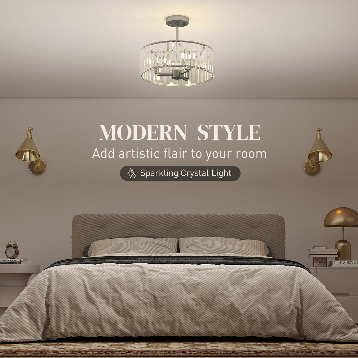 HOMCOM Crystal Ceiling Light Fixture Set of 2, Semi Flush Mount Modern Chandelier for Living Room, Bedroom and Hallway, 3-Lights with E14 Base, Silver Tone