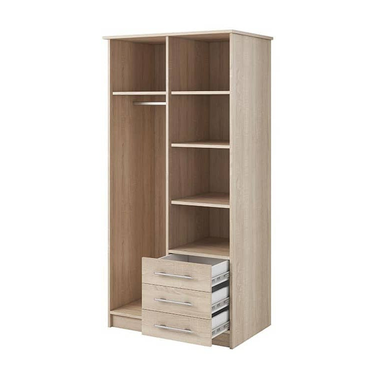 Wooden wardrobe with shelves and a drawer on a white background