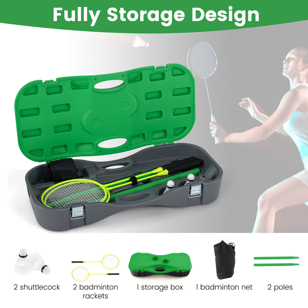 All-In-One Portable Badminton Net Set with Storage Base-Green