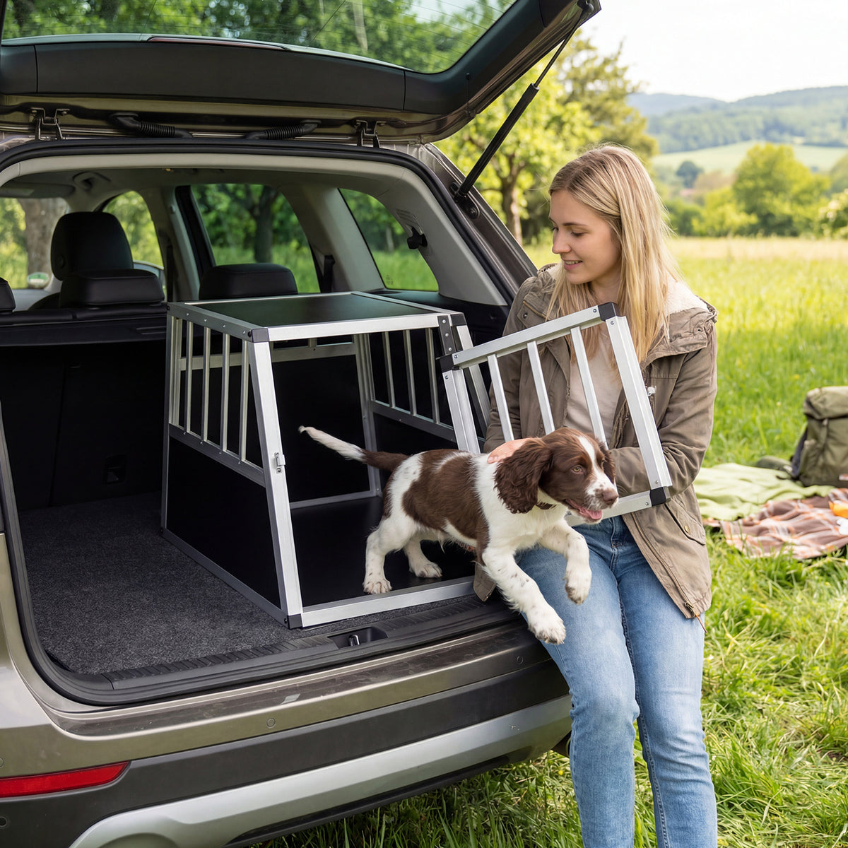 Aluminum Dog Transport Box with Lockable Door Divider for Small Puppy