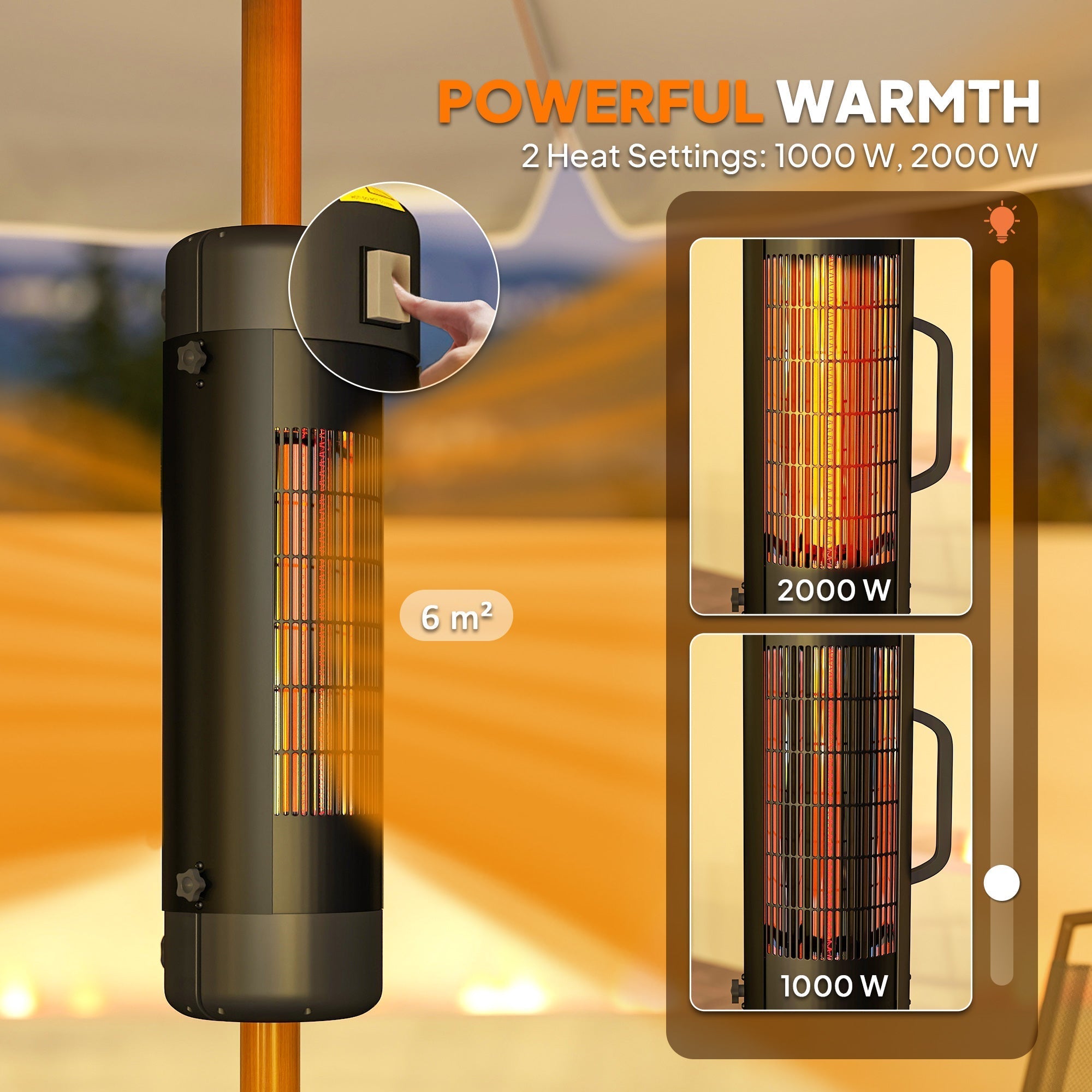 Outsunny Electric Umbrella Parasol Mounted Patio Heater for 25-70 mm Poles, 2000 W Outdoor Garden Heater with 2 Heat Setting, 6 √£≈Ω¬° Coverage, Tip-Over Protection, Black
