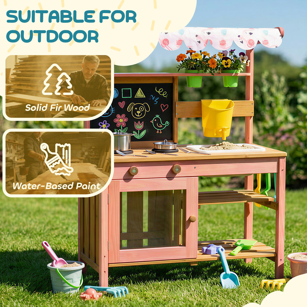 AIYAPLAY Kids Mud Kitchen with Canopy, Outdoor Wooden Play Kitchen with Planter Box, Accessories for Age 3-6, Pink
