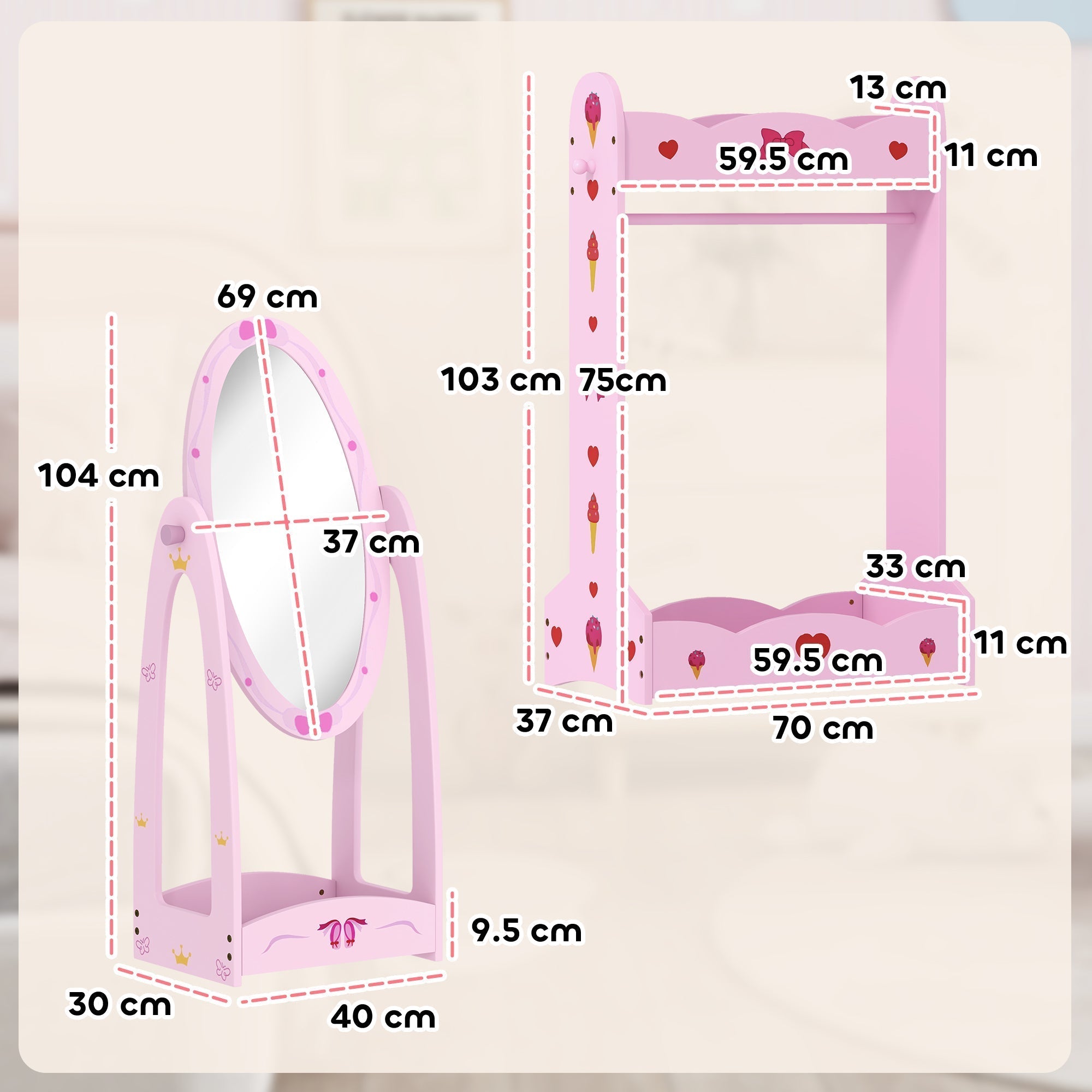 AIYAPLAY Kids Clothes Rail, Kids Dressing Mirror with 360 Rotating, 2 Piece Kids Furniture Set with Storage Shelves, Pink