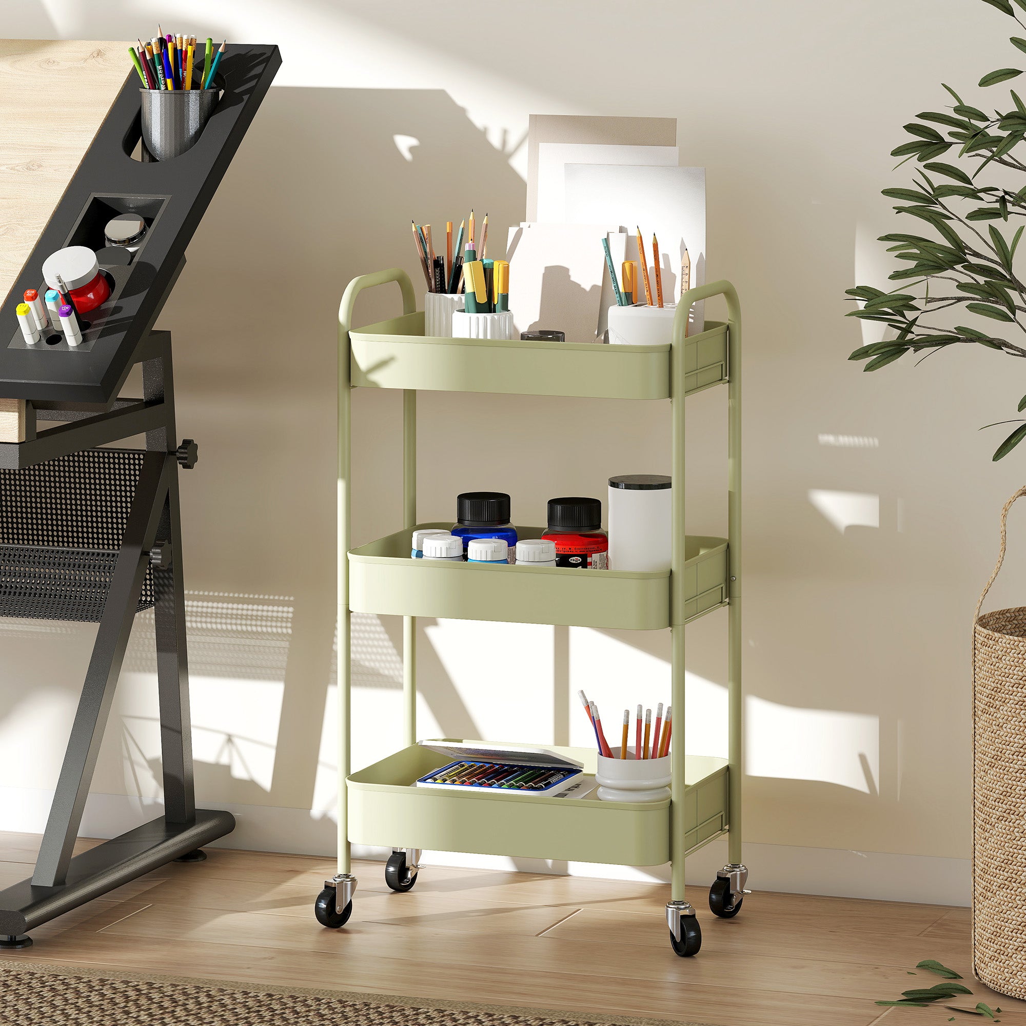 HOMCOM Three-Tier Steel Storage Trolley - Green