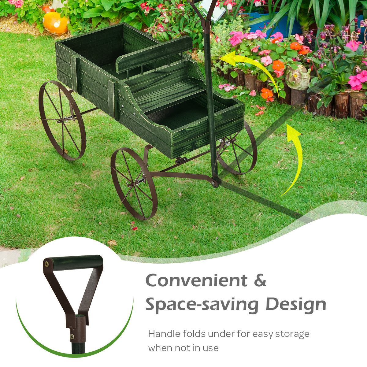 Amish Styled Wagon Plant Stand with Wheels-Green
