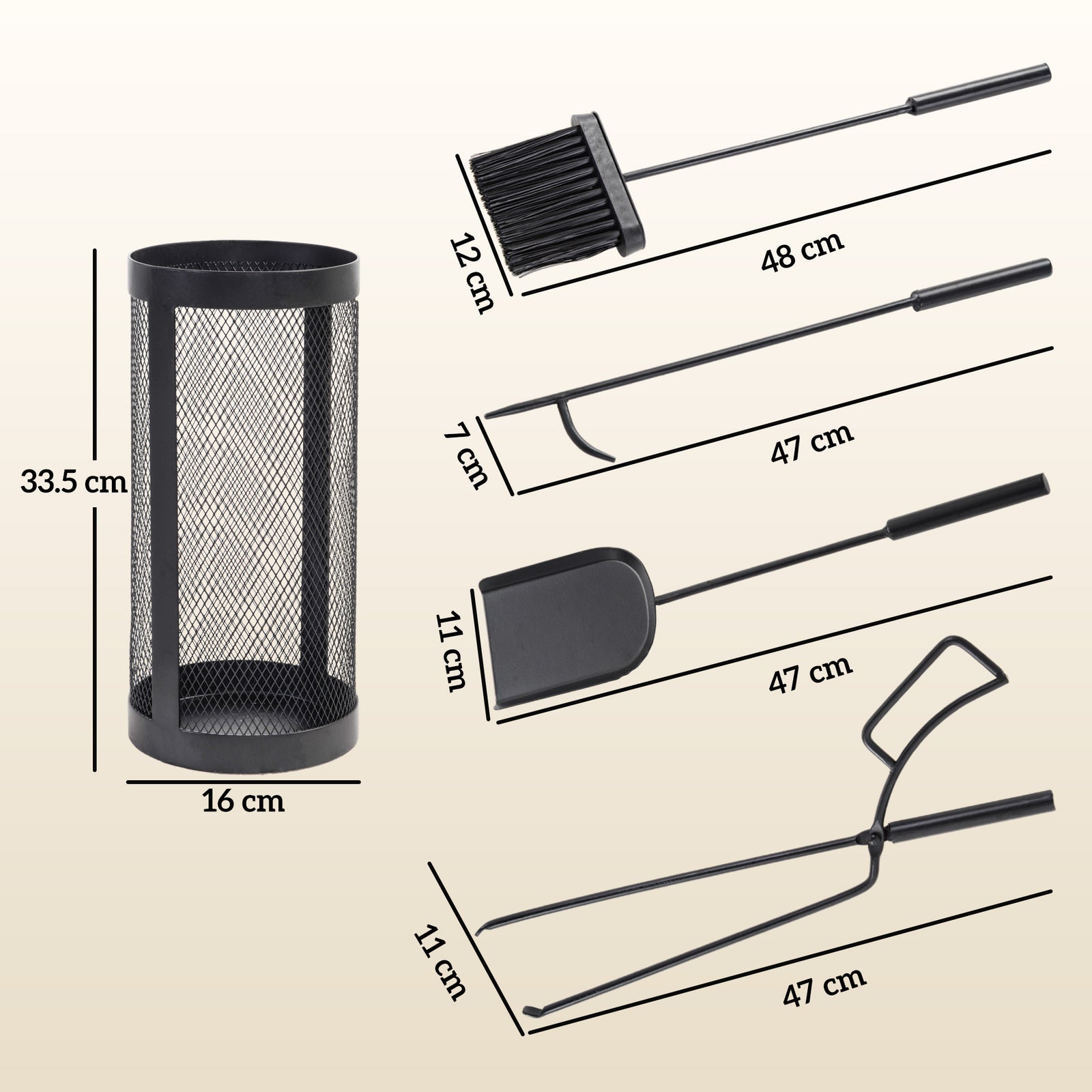 Outsunny 5-Piece Fireplace Tools Set with Mesh Basket, Indoor Outdoor Fireside Accessories for Fireplaces, Fire Pits, Black