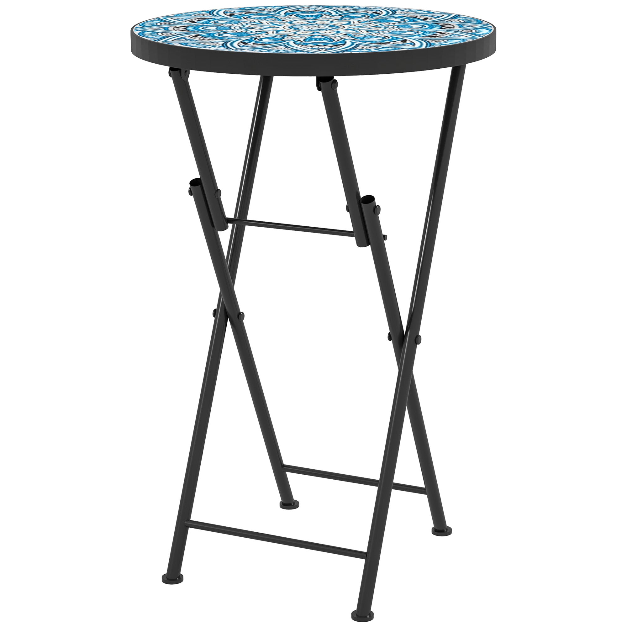 Outsunny Mosaic Outdoor Garden Table, 35.5cm Round Folding Coffee Table with Metal Frame for Balcony Terrace, Blue