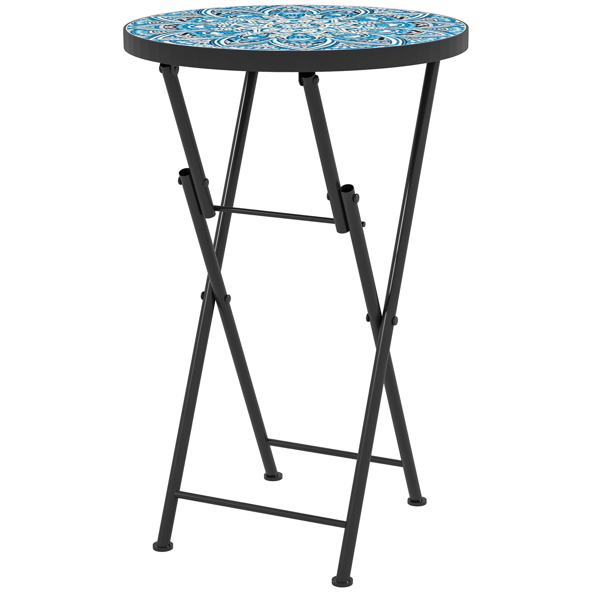 Outsunny Mosaic Outdoor Garden Table, 35.5cm Round Folding Coffee Table with Metal Frame for Balcony Terrace, Blue