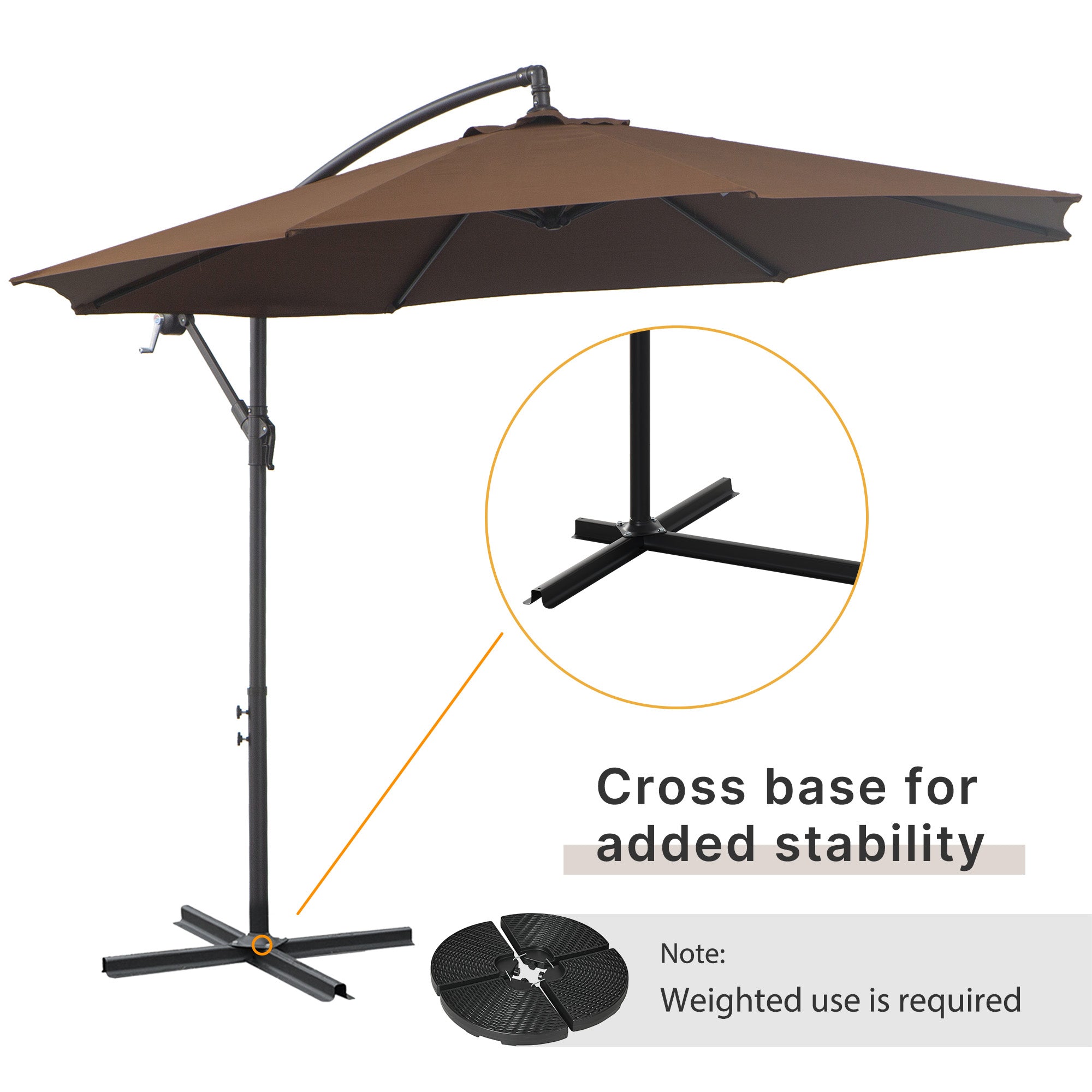Outsunny 2.45m Overhanging Cantilever Parasol, Heavy Duty Waterproof Garden Umbrella with Cross Base, Brown