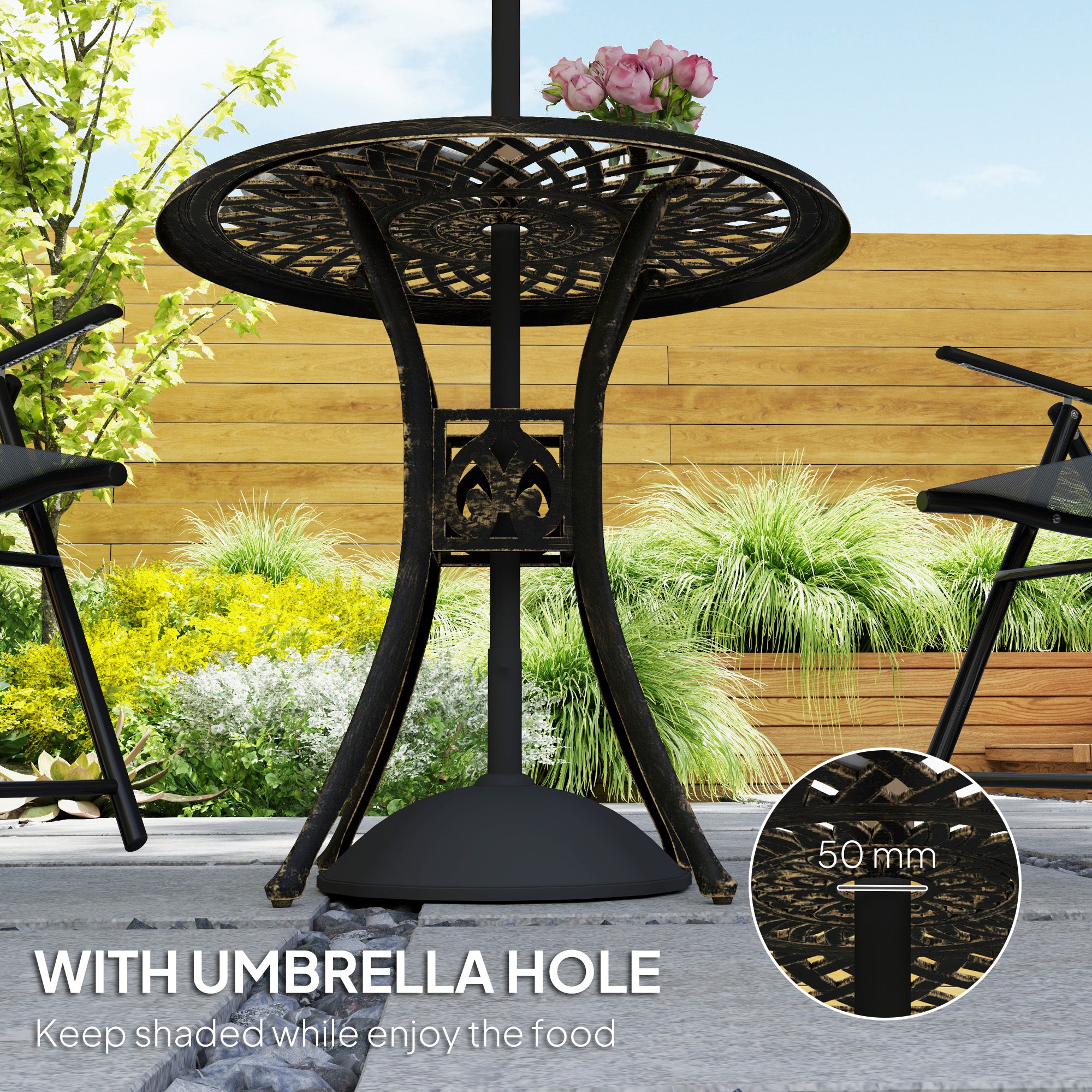 Outsunny 78 cm Round Garden Dining Table with Parasol Hole Antique Cast Aluminium Outdoor Table Only, Bronze Tone