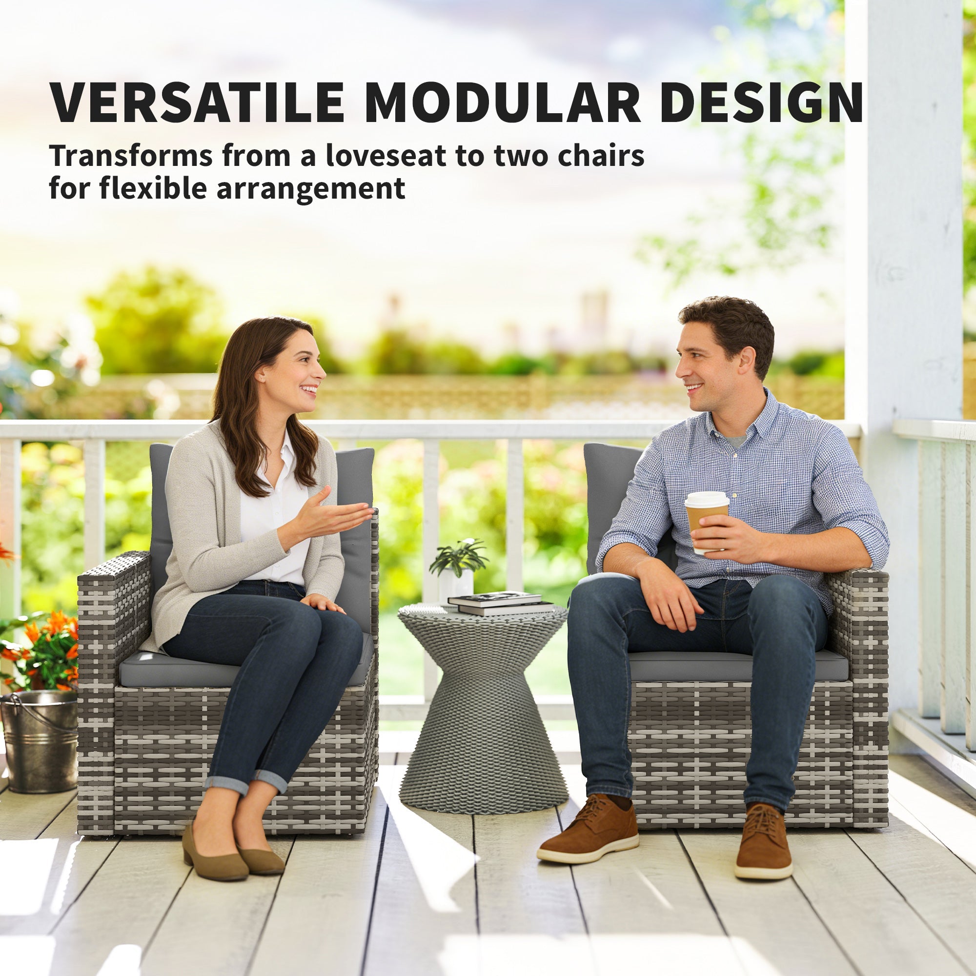 Outsunny 2 Seater Rattan Garden Sofa Outdoor Loveseat with Hidden Side Trays and Cushions for Patio Balcony, Dark Grey