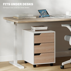 HOMCOM 3 Drawer Mobile File Cabinet, Vertical Filing Cabinet with Wheels for Home Office, Oak